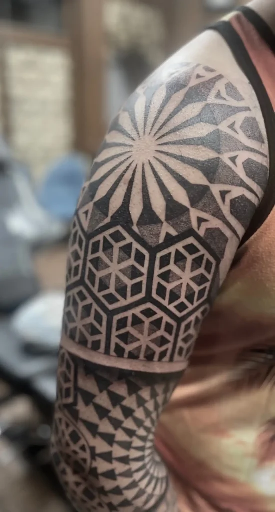 Manga con rosetones y hexágonos en puntillismo