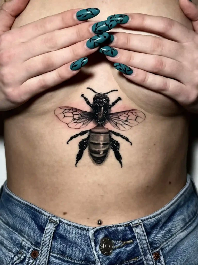 Abeja en blackwork bajo el pecho
