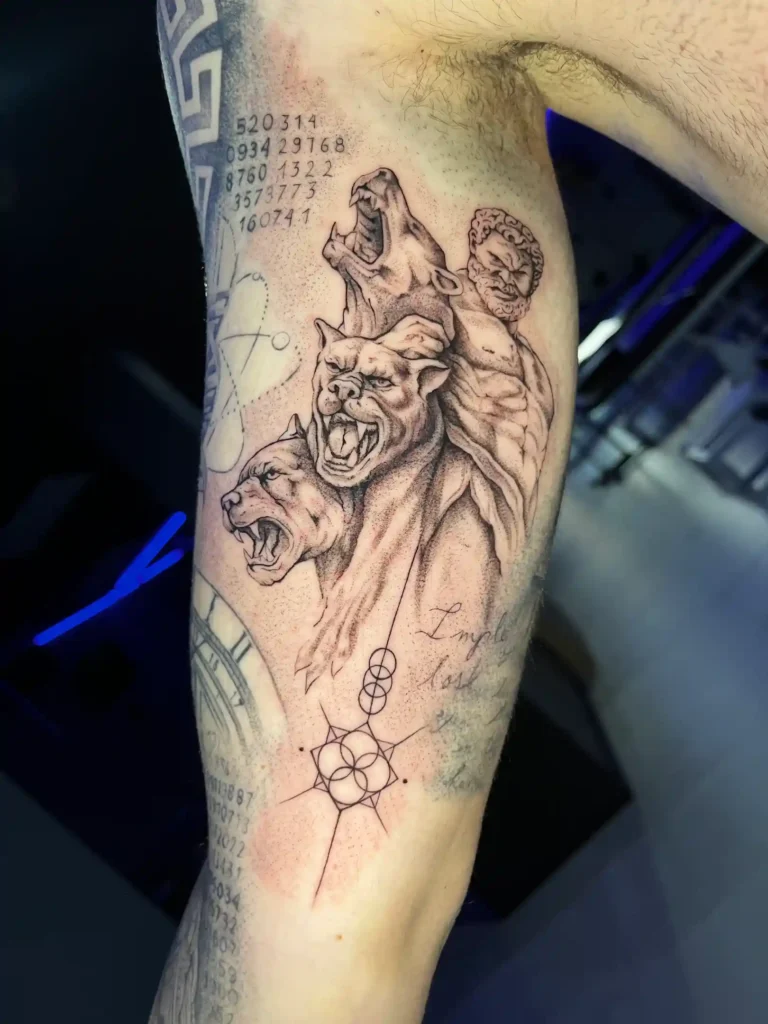 Brazo en fine line con Hércules, un león y símbolos