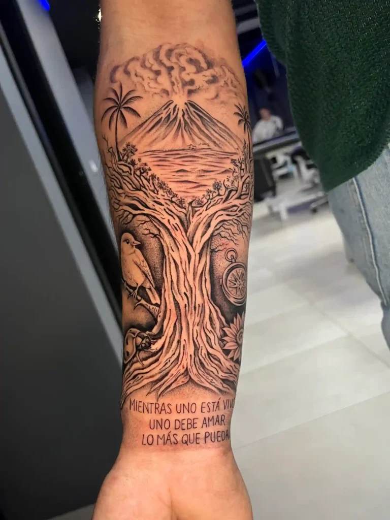 Manga con un paisaje de volcán y lettering