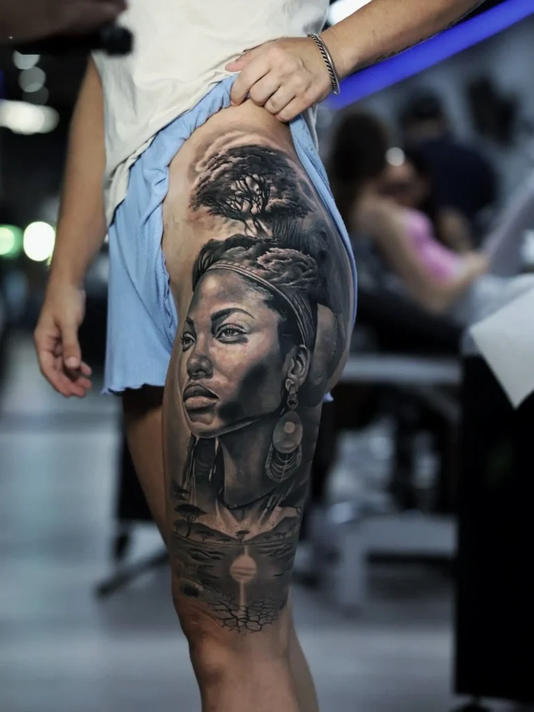 Retrato femenino realista en la pierna