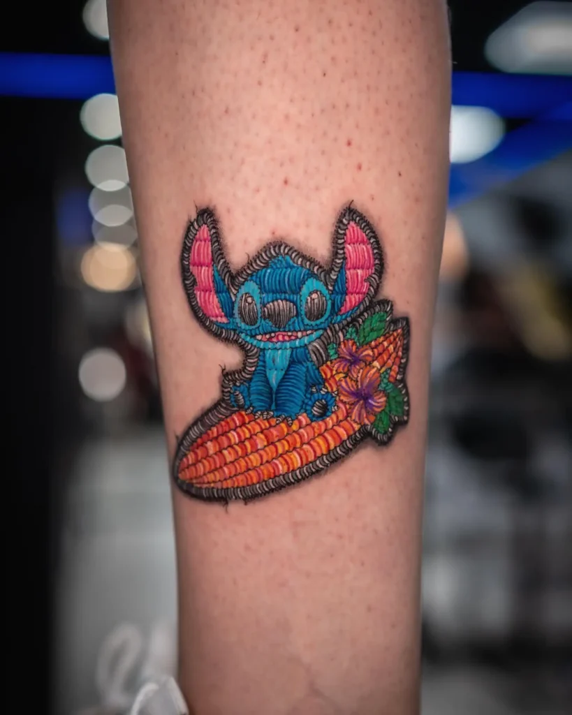 Stitch a color con efecto de parche bordado sobre una tabla de surf