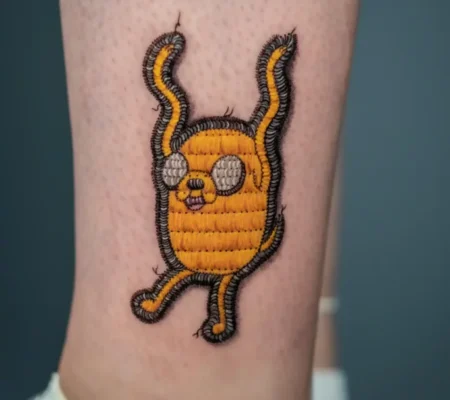 Tatuaje a color de Jake de Hora de Aventuras · Samantha Jake de Hora de Aventuras a color con efecto de parche bordado en la pierna